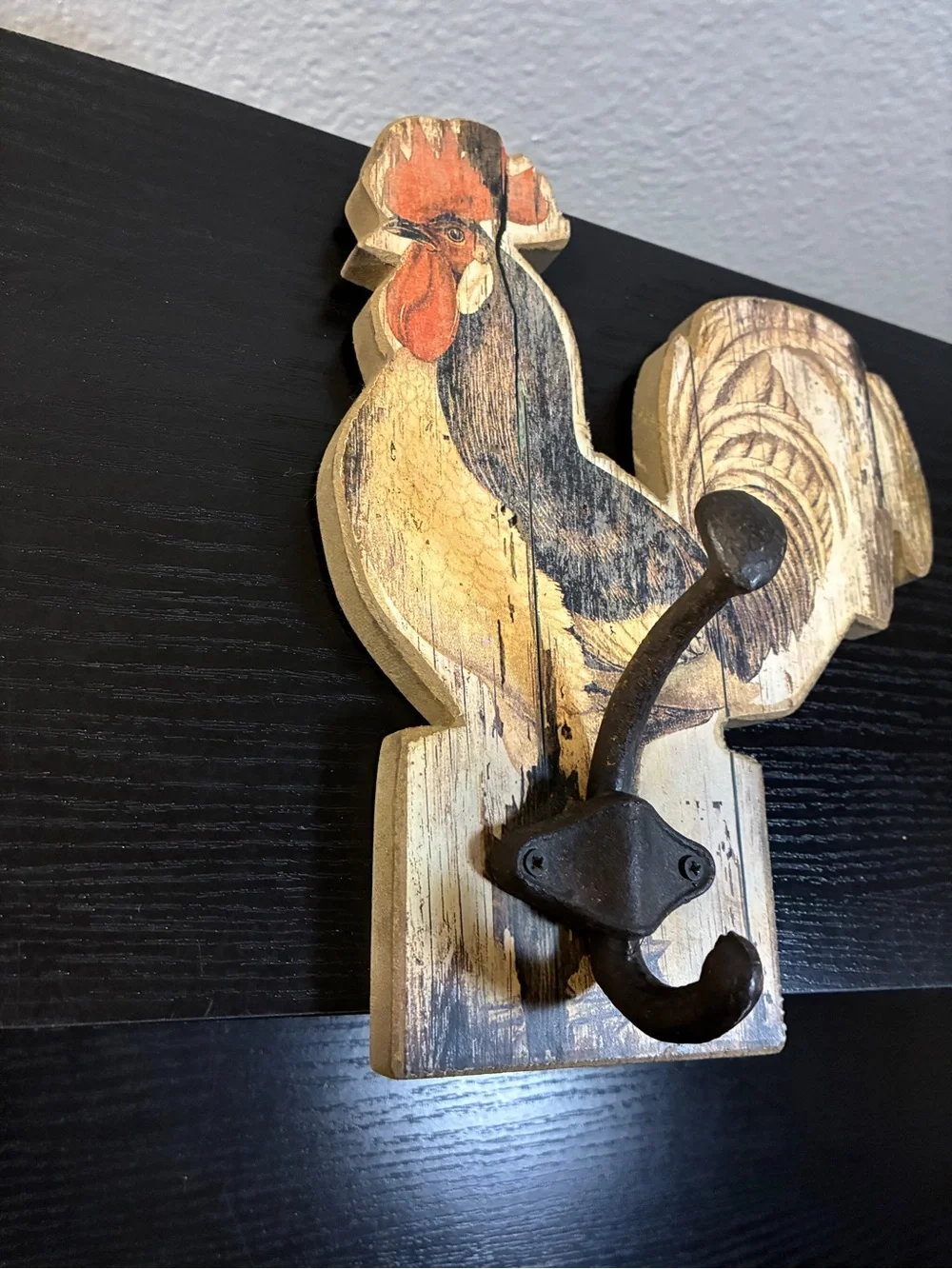 Vintage Rooster Folk Art Wall Hook Weathered Farm House Style